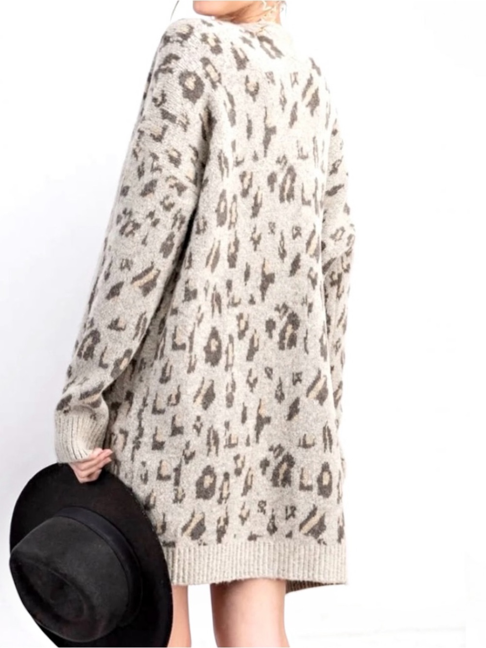 New Easel Leopard Knit Pattern Open Front Long Cardigan Sweater Gray Women Small - Picture 2 of 14